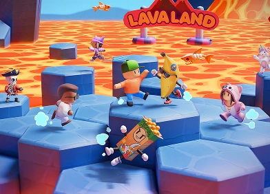 Tekenfilmfiguren die zich over platforms boven lava bewegen in de levendige en dynamische omgeving van het spel.